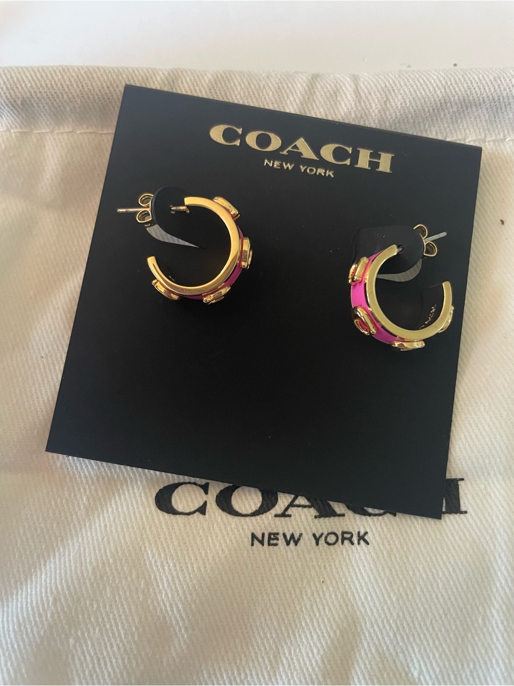 Coach Gold-Tone Mini Hoop Earrings with Pink Enamel Accents - Picture 4 of 4